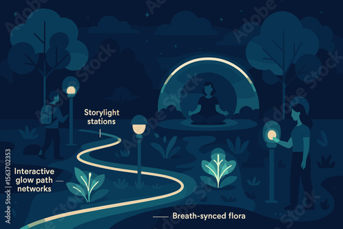 Illustrated nighttime trail with glow path, storylight stations, and synced flora