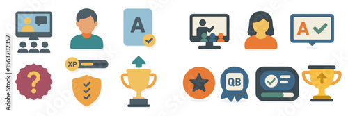 Symbols and icons representing online learning, achievements, and user engagement in a digital environment