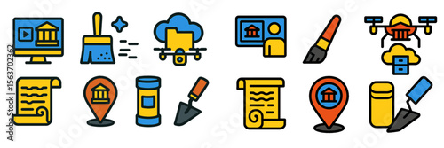 Digital tools and icons for creative projects in a modern workspace showcasing various artistic activities