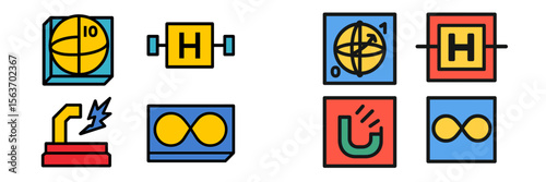 Various colorful icons representing scientific concepts related to physics, mathematics, and technology in a modern design context
