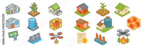 Colorful icons representing agricultural and industrial elements, depicting various activities and structures in a vibrant style