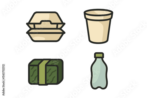 Various types of disposable food containers and packaging materials on a white background showcasing environmentally friendly options