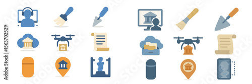 Various icons representing digital tools and services related to education and government functions