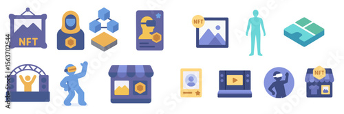 Exploring digital creativity through various icons representing NFTs, virtual reality, and online interactions