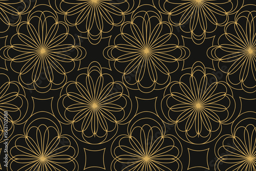 Elegant geometric floral pattern with golden lines on a black background, creating a modern, sophisticated design with a vintage touch.