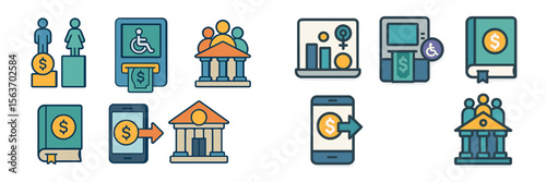 Icons representing financial literacy, inclusion in banking, and digital finance resources in a modern design