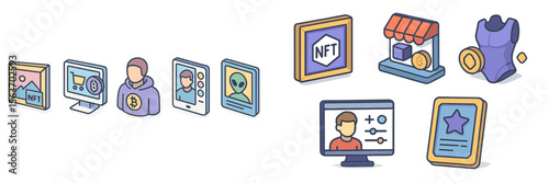 Digital art and cryptocurrency concepts shown through colorful icons representing NFTs and blockchain technology in modern society