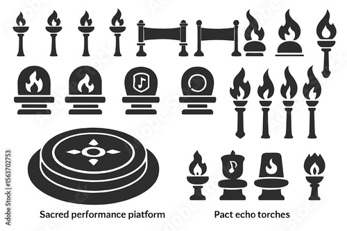 Set of icons representing torches, sacred platforms, and performance symbols, featuring flames and ceremonial elements.
