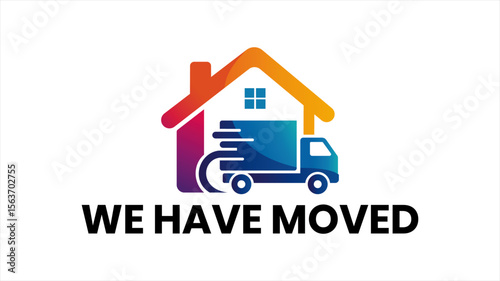 Flat Vector “We Have Moved” Logo Concept Featuring Truck and House Logo for Company Relocation, Business Address Change, or Store Opening