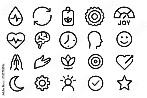 Set of wellness, health, and lifestyle vector icons including heart, brain, and growth symbols.