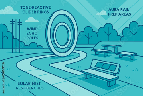 Futuristic park illustration with labeled rest and activity features
