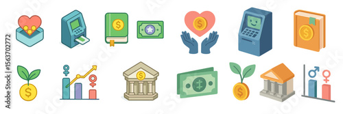 Icons depicting financial themes such as saving, investing, and personal finance education