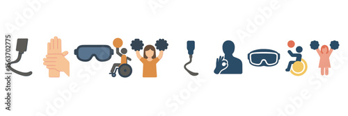 Symbols representing inclusion, accessibility, and support for individuals with disabilities in community activities