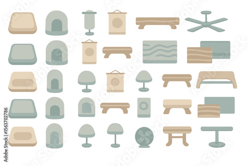 Set of minimalist home furniture and decor icons in soft pastel colors.