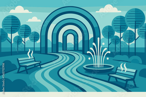 Stylized futuristic park with archway path, benches, and fountain