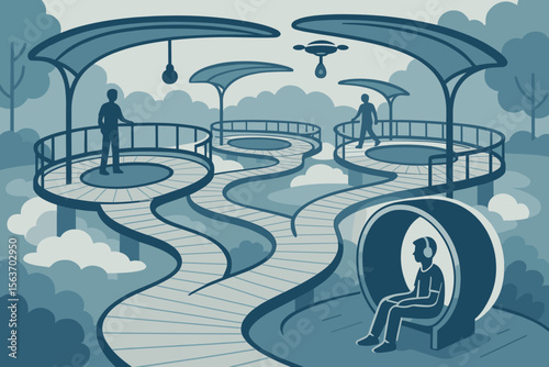 Futuristic wellness walkway with canopy platforms, drones, and sound pod seating