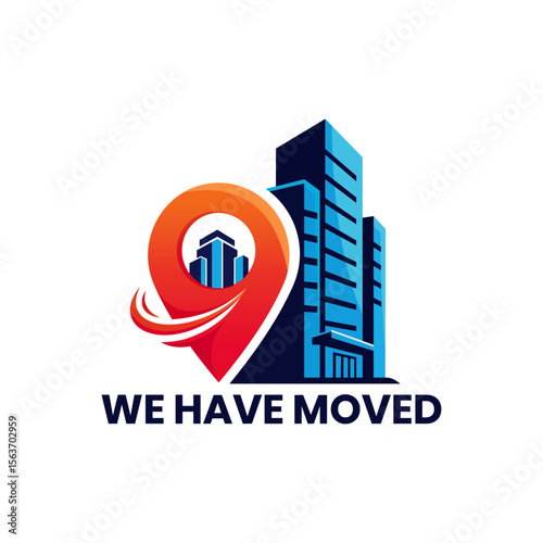 Editable “We’ve Moved” Logo with Location Pin and Building Icons in Professional Colors for Business Cards, Flyers, or Website Relocation Banners