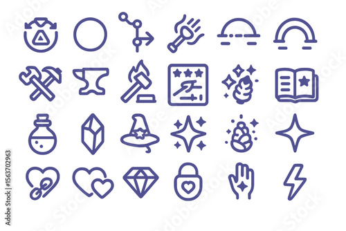 Neon-styled fantasy icon set with symbols for magic, crafting, alchemy, and enchantment