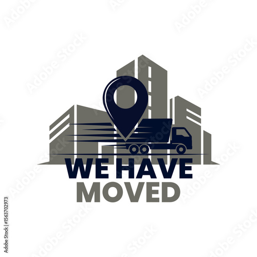 Minimalist “We Have Moved” Logo Vector with Flat Truck and Location Pin Icons and Clean Typeface, Suitable for Social Media Announcements or Company Moving Notices