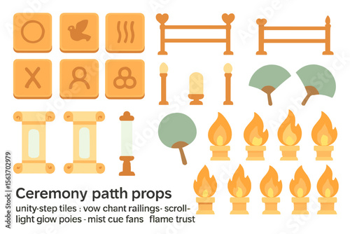Ceremonial path prop icons with scrolls, flames, and symbols