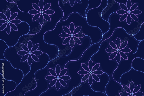 A vibrant, glowing pattern of interconnected flowers with neon blue and purple lines, creating a surreal and futuristic design against a dark background.