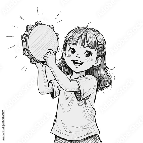 Young girl smiling while playing tambourine on transparent background