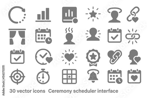 A set of 30 vector icons for a ceremony scheduler interface, including symbols for time, calendar, progress, user profiles, and various functional icons like checkmarks, hearts, and links.