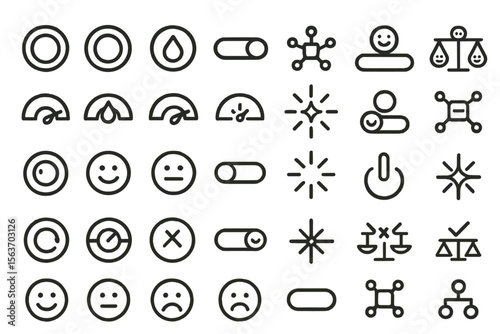 A collection of simple and modern icons depicting various abstract concepts such as balance, energy, mood indicators, and connections, designed with clean lines and minimalistic style.