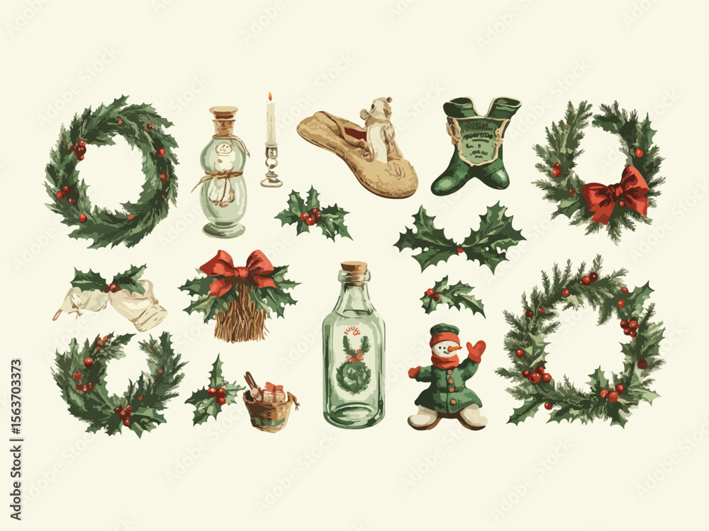 Fototapeta premium Christmas holiday decoration set with tree, snowman, Santa, gifts, and winter celebration vector icons