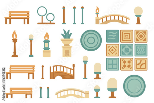 Stylized icon set of park elements including benches, bridges, lamps, and decorative tiles