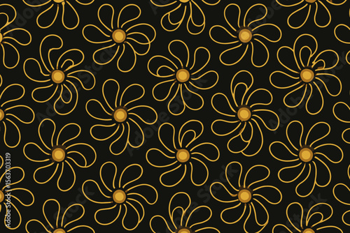 Seamless pattern of stylized flowers with bold yellow outlines and centers, set against a black background.