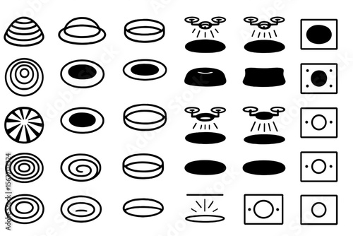 Black icon set featuring abstract rings, drone symbols, pads, and sensor panels