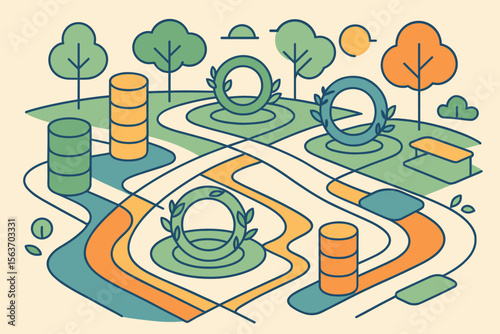 Abstract park map with circular sculptures, trees, and colorful paths