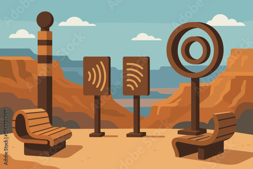 Futuristic desert rest area with abstract acoustic structures and benches
