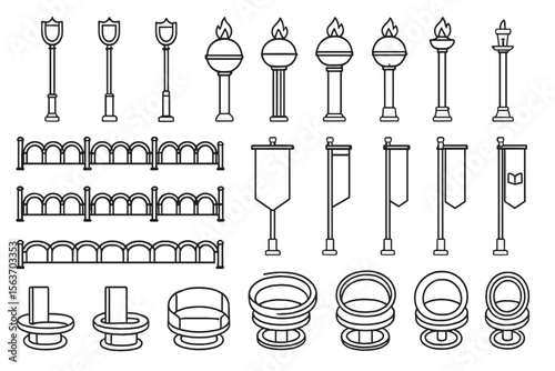 Vector set of medieval-style torches, banners, fences, and seats