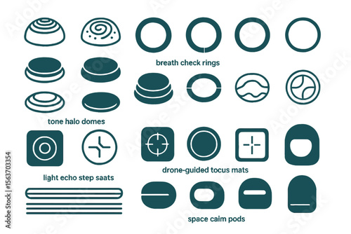 Futuristic UI icons of domes, rings, mats, and pods on teal background