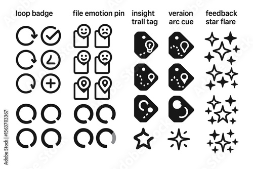 A set of modern icons featuring looping badges, emotion pins, insight tags, arc cues, and feedback star flares, designed in a minimalistic style.
