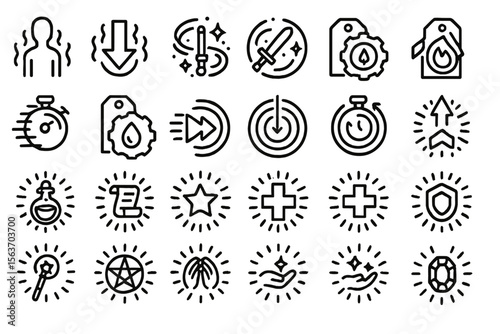 Fantasy game icon set with magic effects, potions, and status symbols
