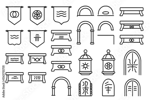 Medieval fantasy icon set with banners, altars, arches, and doors