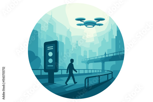 Futuristic city scene with pedestrian and overhead drone surveillance