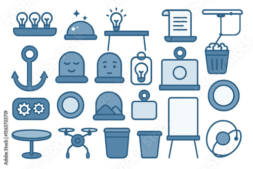 Creative vector icon set with lamps, boards, tools, and smart workspace items