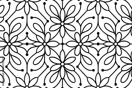 Seamless floral pattern with symmetrical petals and dot accents