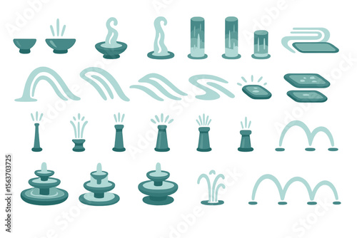 Stylized glowing fountain and water feature icon set in teal tones