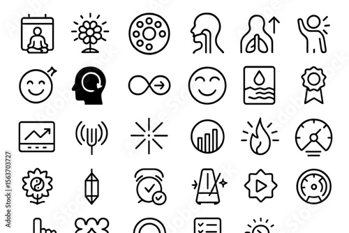 Dark UI icon set with symbols for wellness, focus, rhythm, and mood