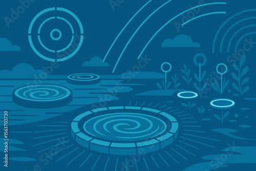 Futuristic landscape with glowing portals and stylized nature elements