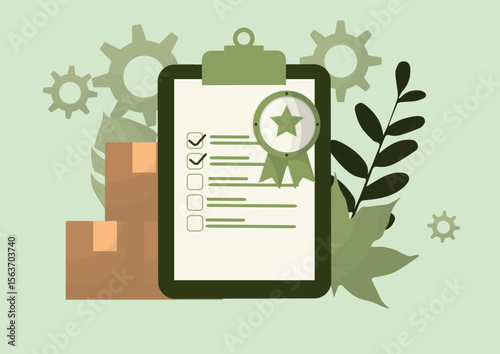 Contract checklist illustration. Green business with clipboard, checkmarks, delivery boxes for corporate responsibility planning. Sustainable procurement. Supply chain management. Vector illustration