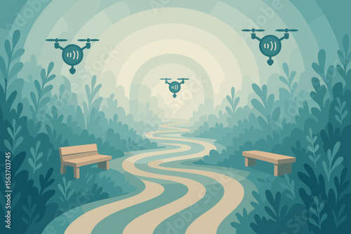 Futuristic park trail with surveillance drones and wooden benches