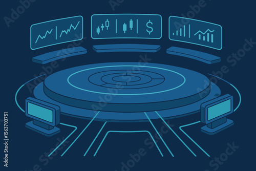 Futuristic trading dashboard interface with glowing financial charts