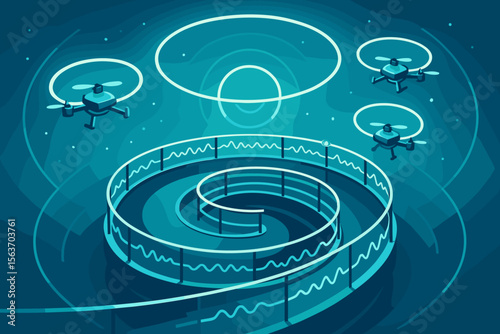 Futuristic concept art of drones flying over a glowing spiral structure