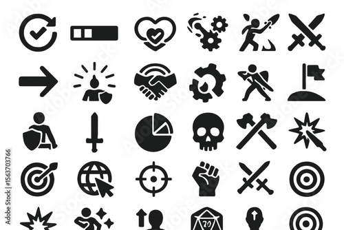 Black fantasy RPG icon set with symbols for combat, skills, and progression